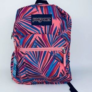 JanSport Kids Cross Town Backpack Dotted Palms w/ Water Bottle Holder Pink Blue